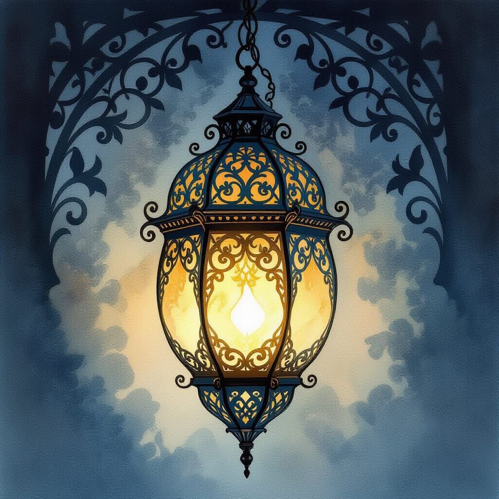 Ornate Lantern Glows Softly: Watercolor Illustration