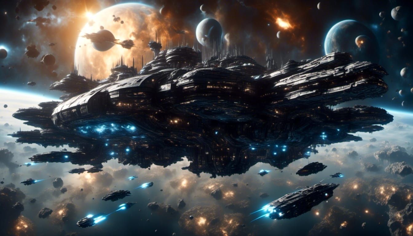 Flagship Battleship Hovering Near Colossal Space Station