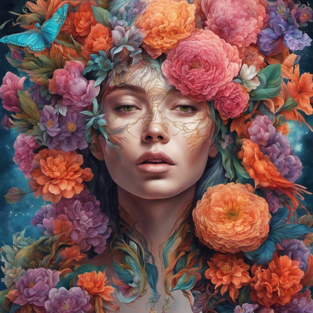 Woman Covered in Flowers: Hyperdetailed Digital Art