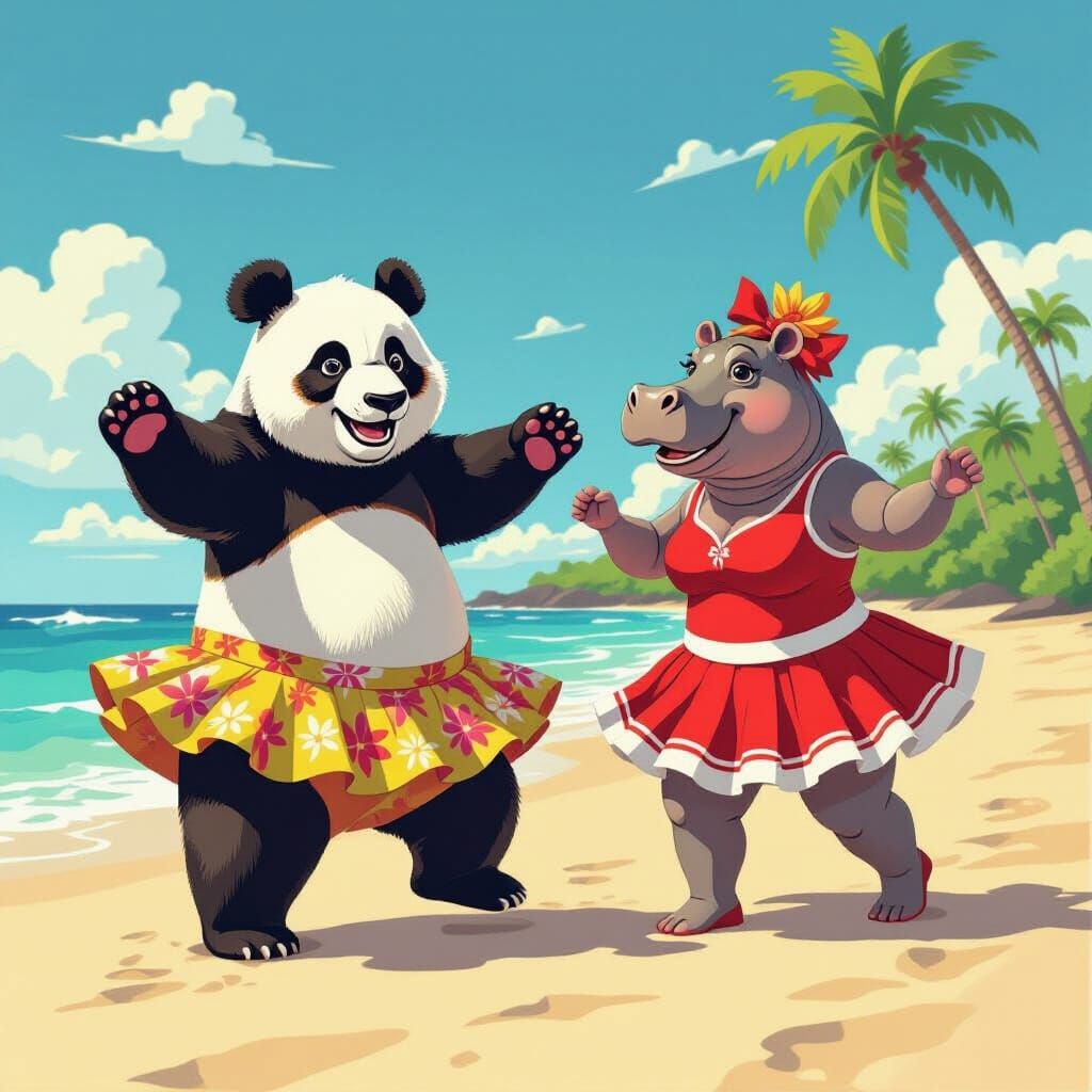 Panda and Hippo Dancing Salsa in Hawaii