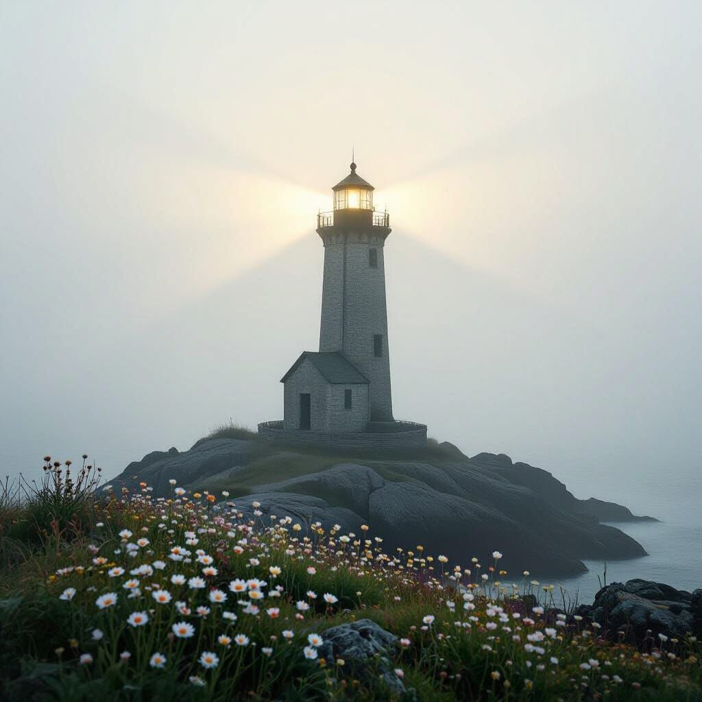 Weathered Lighthouse in Ethereal Fog, Mystical Realism Art