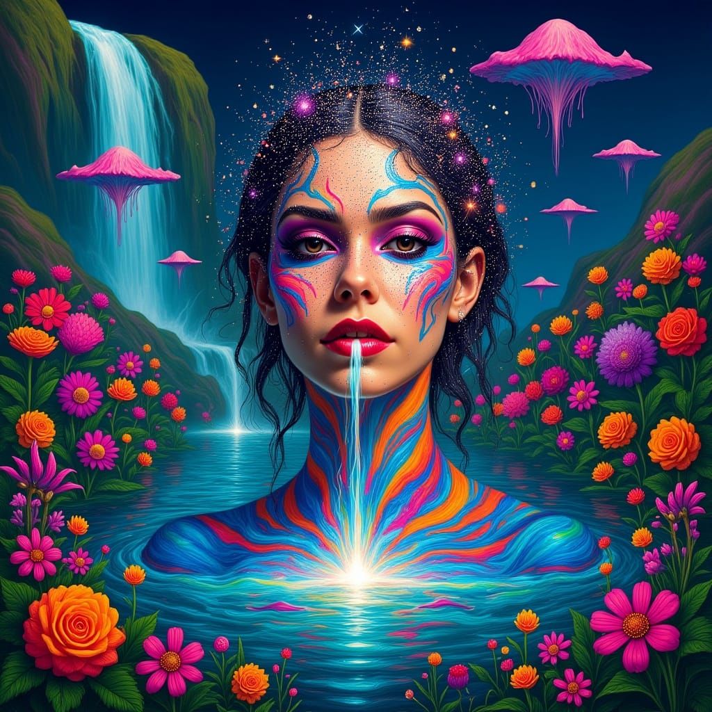 Lady with Stardust and Waterfall, Hyperrealistic Style