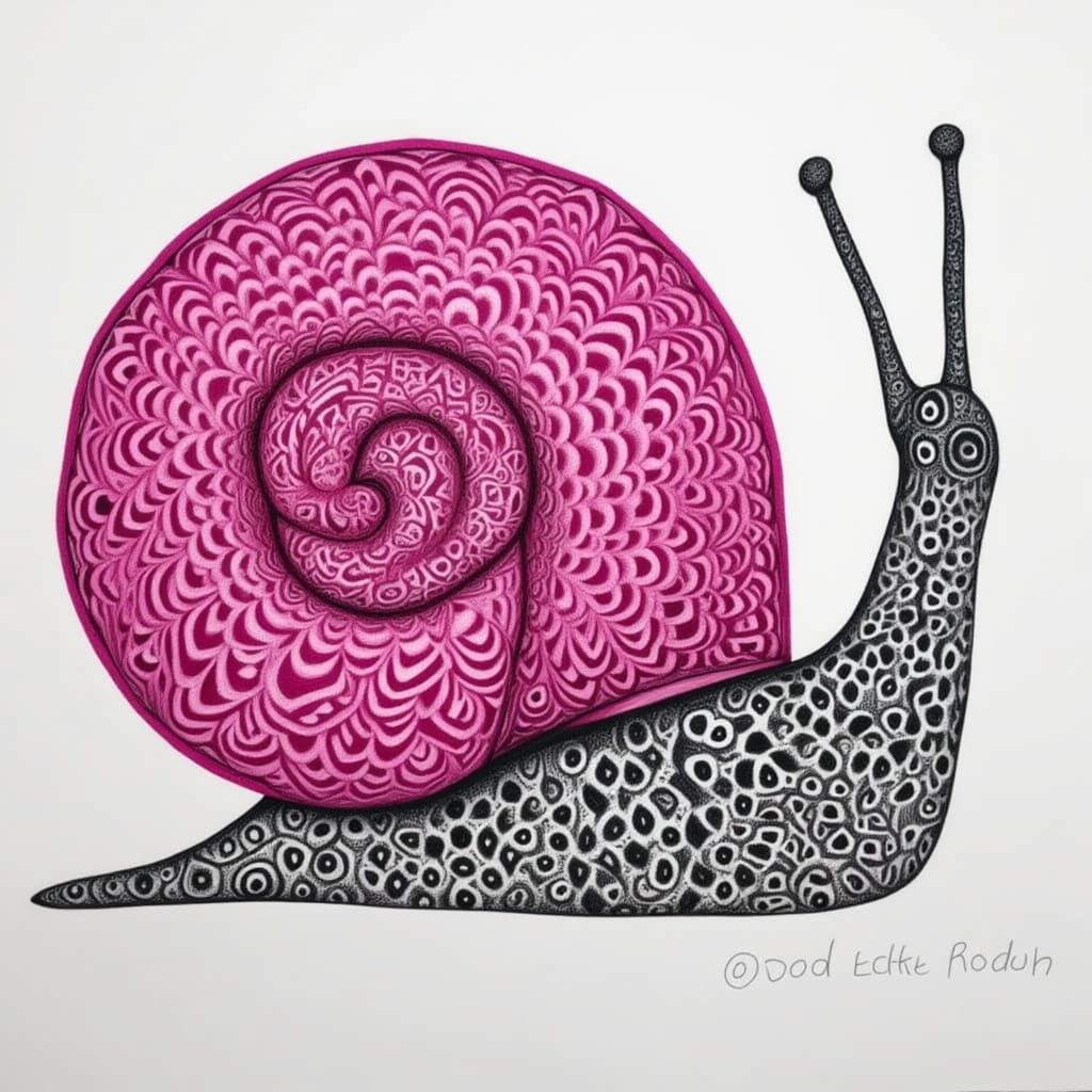Zentangle Snail with Swirled Pink Shell in Pointillism Style