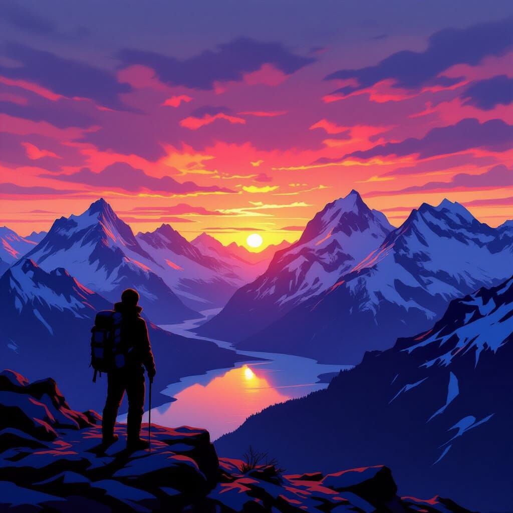 Mountaineer Silhouetted Against Fiery Sunset Over Snowy Peak...