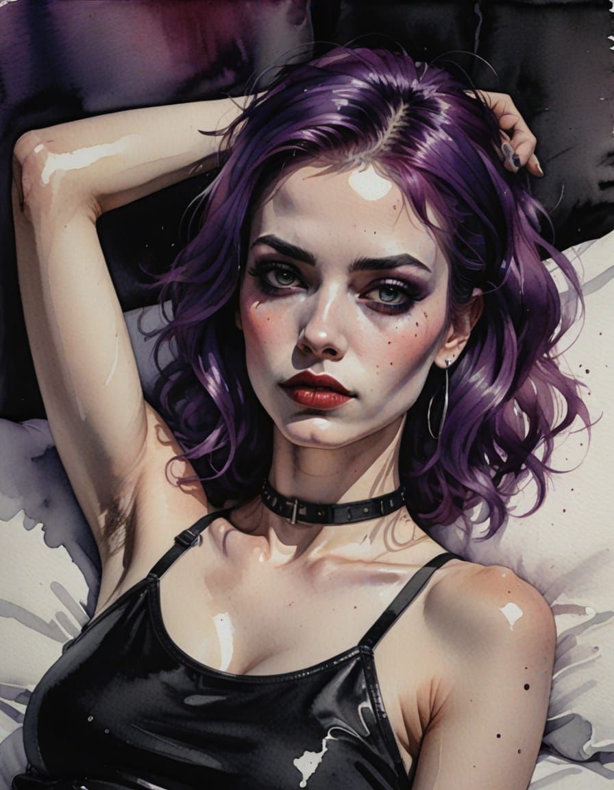 Punk Woman with Purple Hair in Watercolour