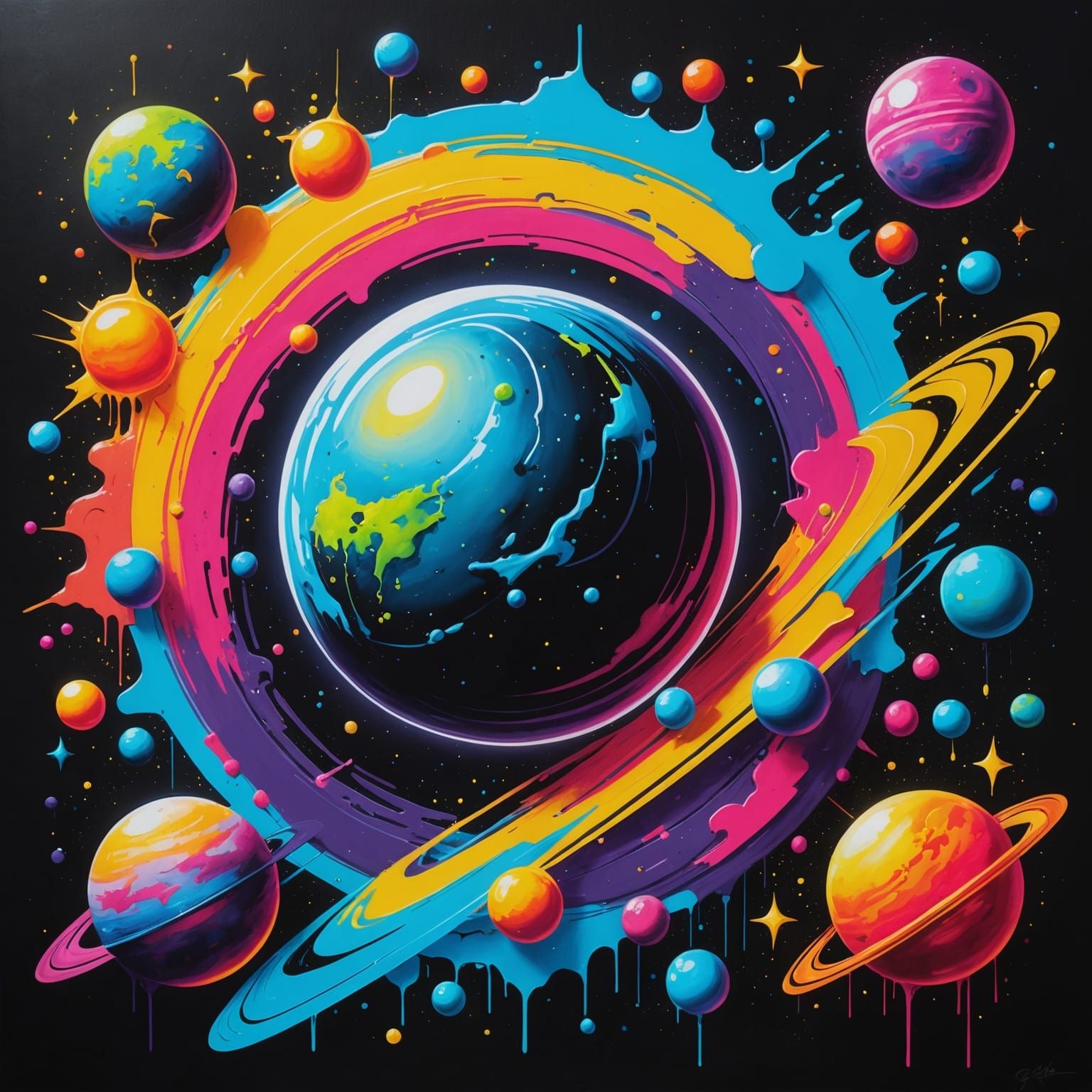Neon Planets and Nebula in Graffiti Art Style