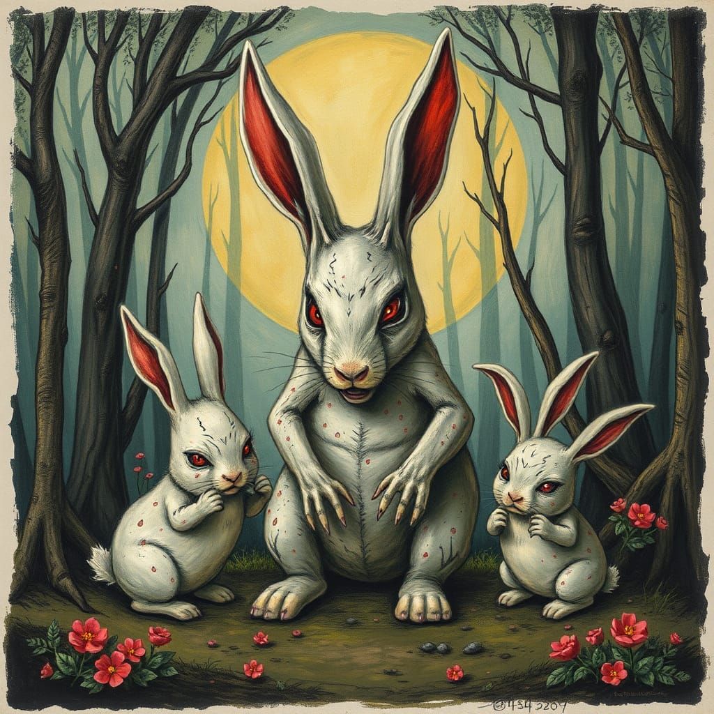 Diabolical Malevolent Rabbit in Encaustic Dawn Forest Scene