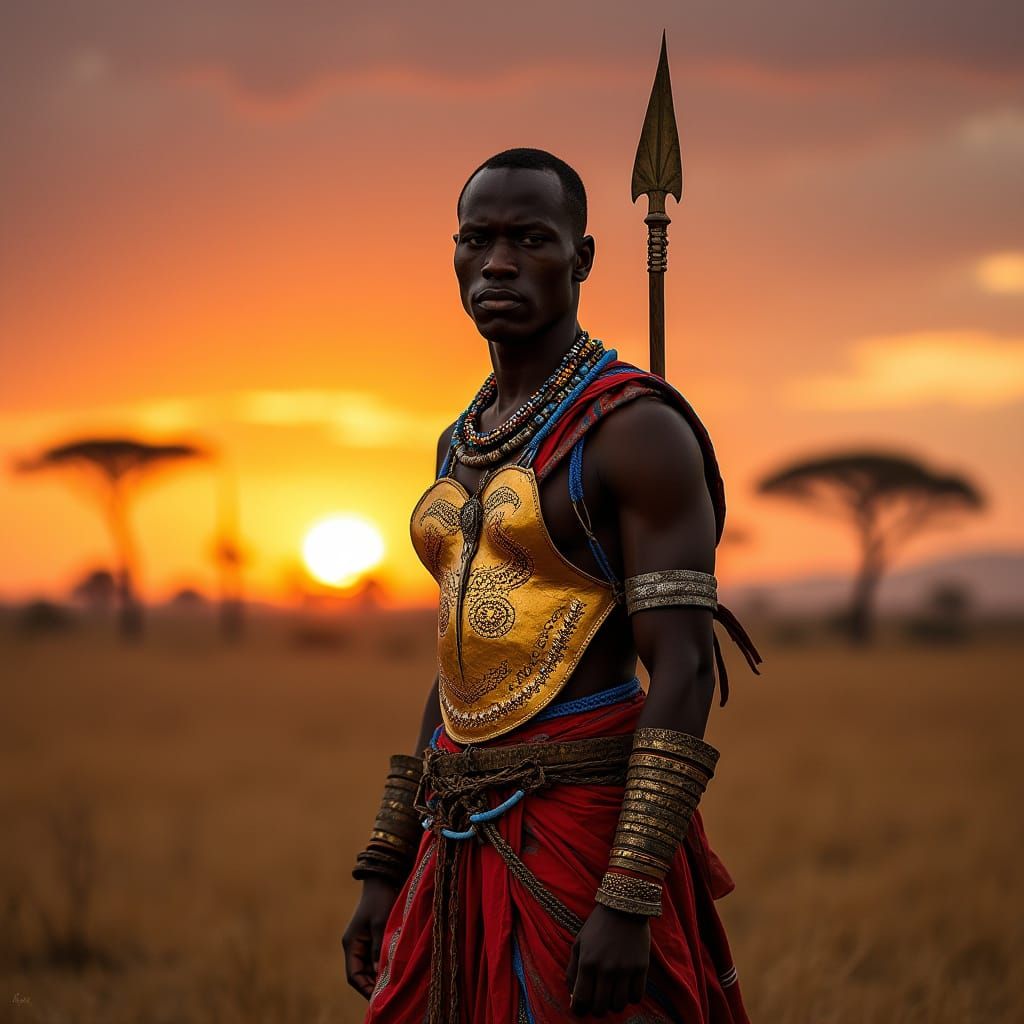 Majestic Ancient Kenyan Warrior Under Sunset in Vast Savanna...
