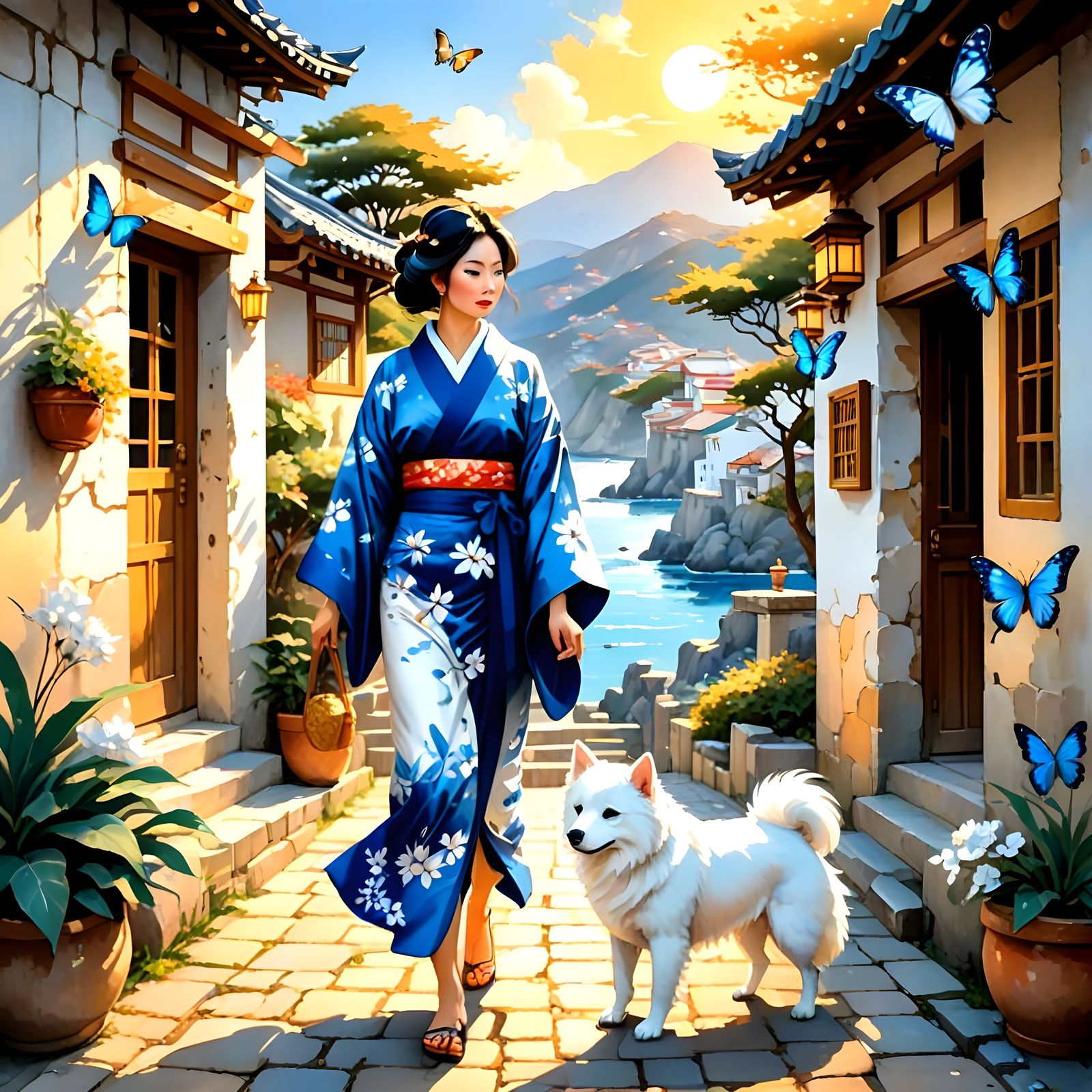 Gorgeous Japanese Woman Surrounded by Vibrant Butterflies in...