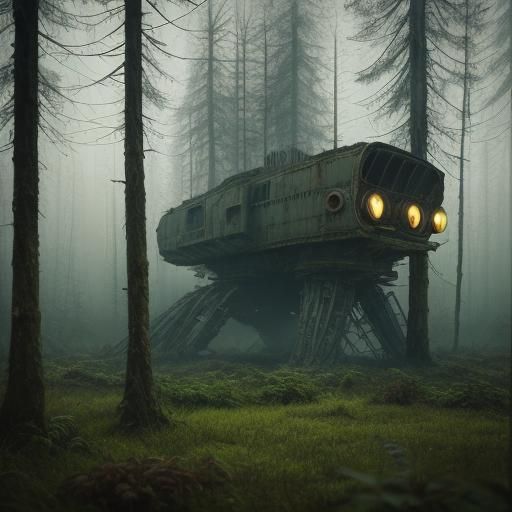 Robot in Desolate Forest, Digital Art