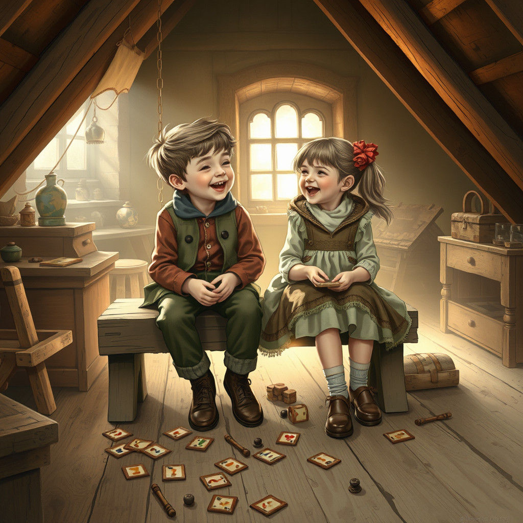 Children's Game in Attic, Nostalgic Illustration