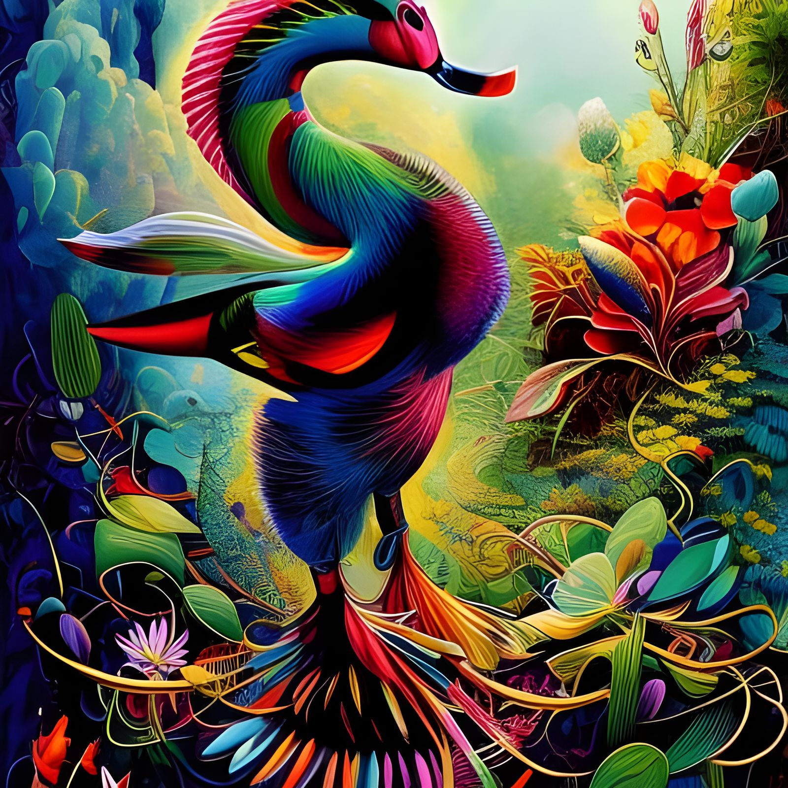 Fantastical Colourful Duck in Marbled Oil Splash