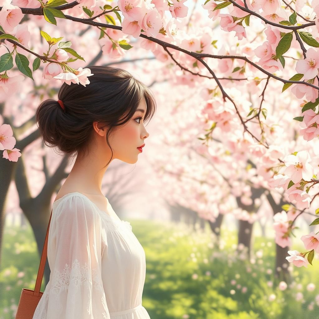 Spring Scene with Cherry Blossoms in Watercolor Style