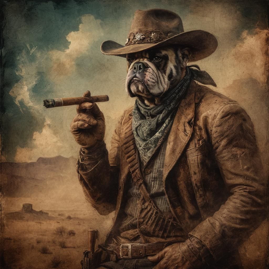 British Bulldog Cowboy in Gritty Western Landscape