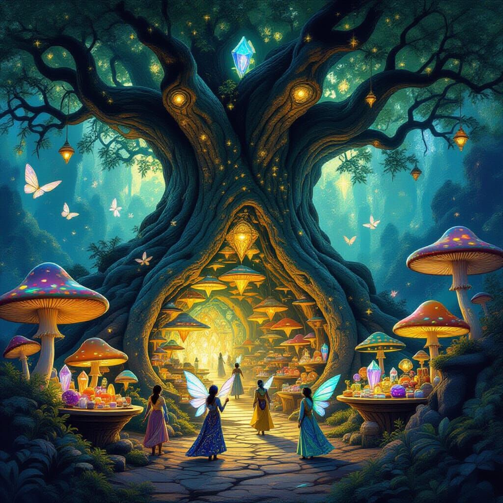 Hidden City in Ancient Tree with Bioluminescent Details