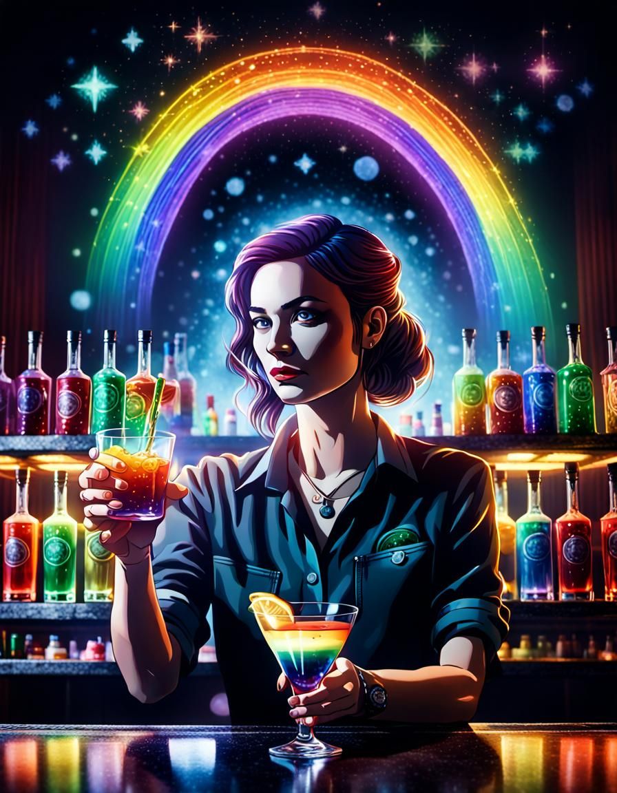 Beautiful Bartender Pouring Rainbow Shots: Fantasy Concept A...