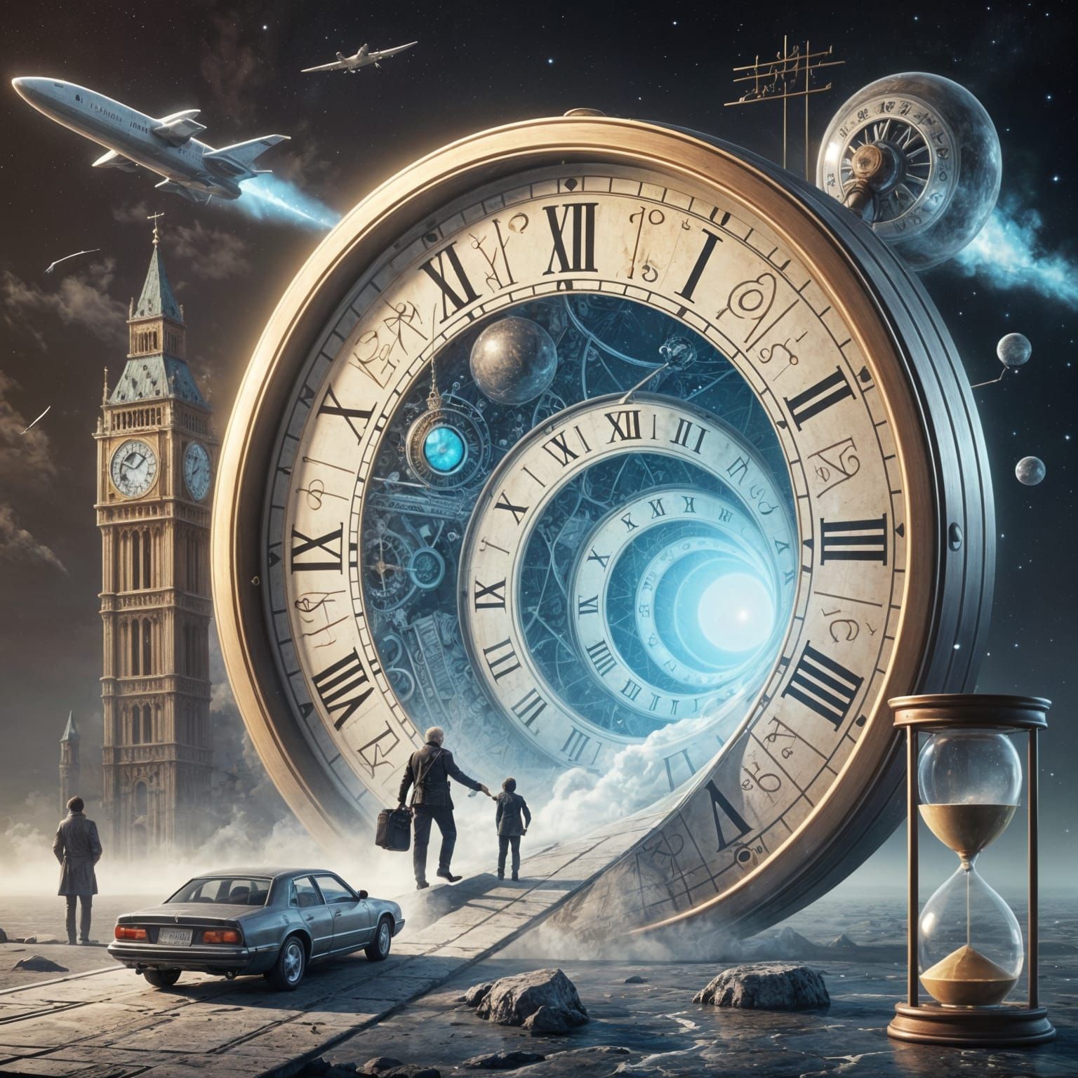 Man Contemplates Time Paradox with Grandfather Figure