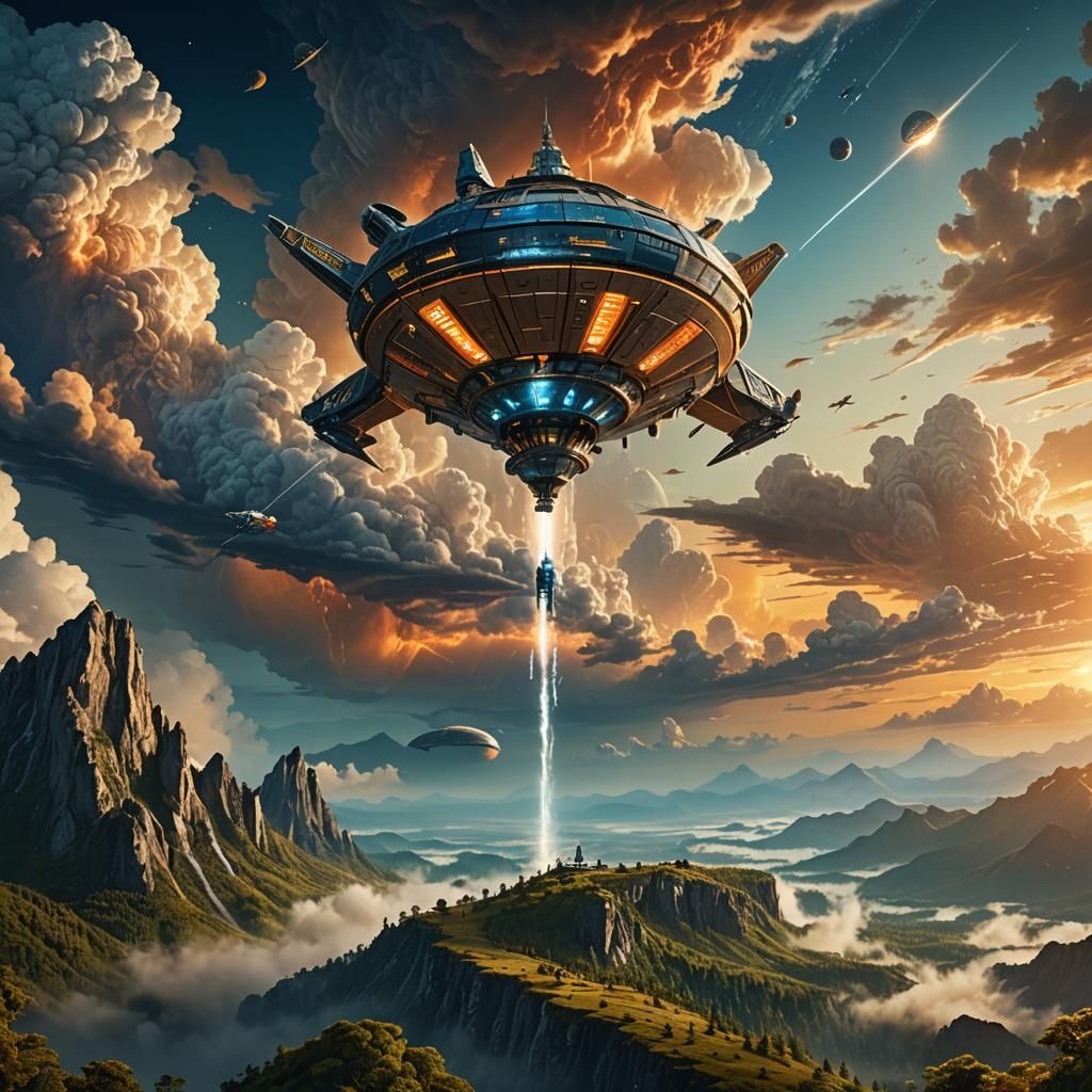 A spacecraft coming from space to Earth at sunset