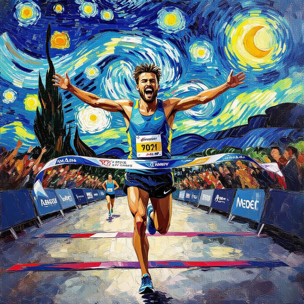A Van Gogh-style oil painting of a male runner triumphantly breaking through the finish line ribbon during a running com...