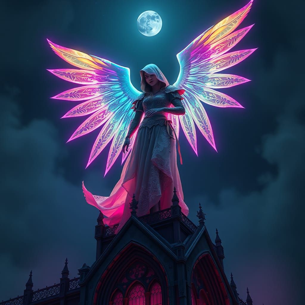 Heartpunk Angel with Neon Wings on Gothic Facade
