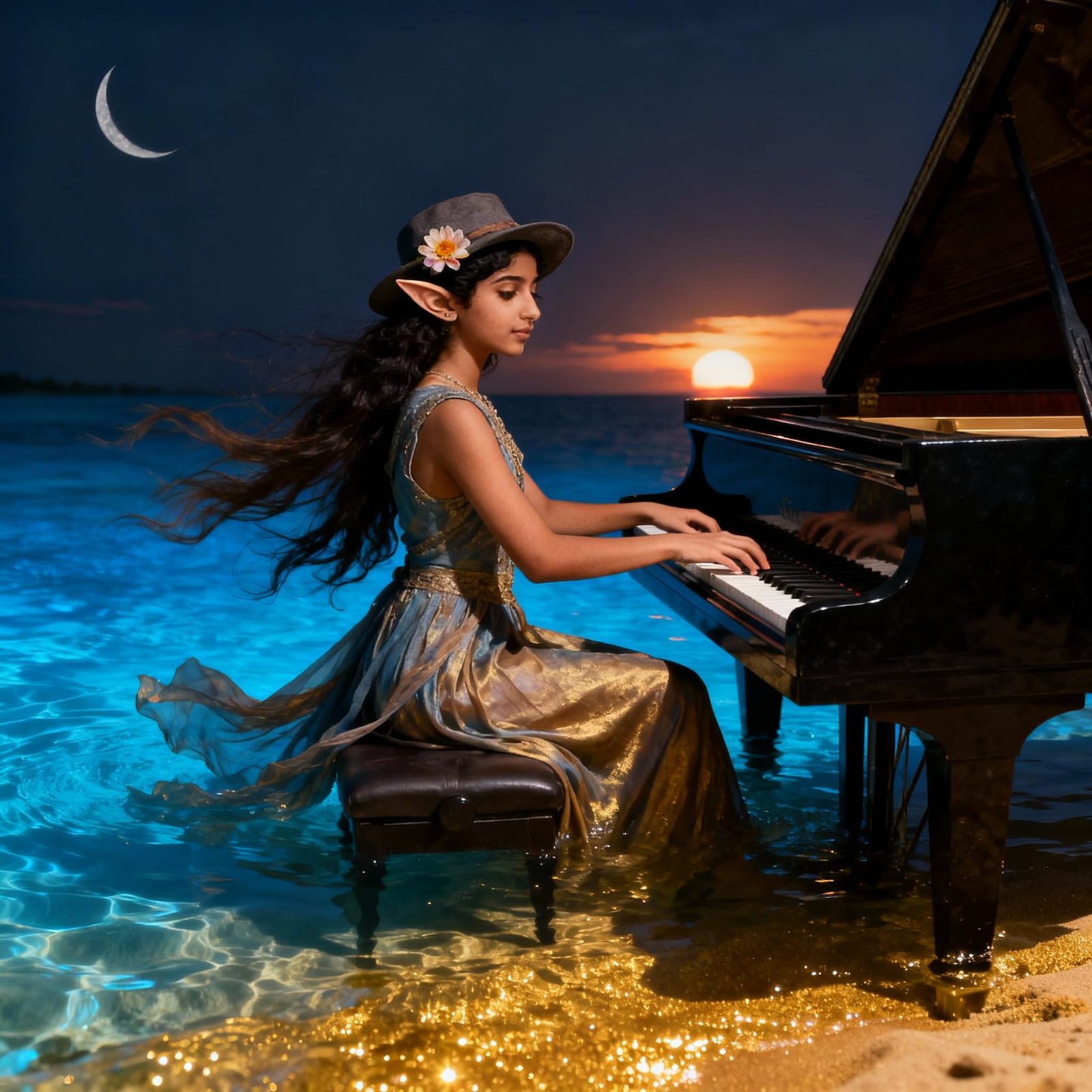 Mystical Beach Sunset: Elven Beauty by Piano