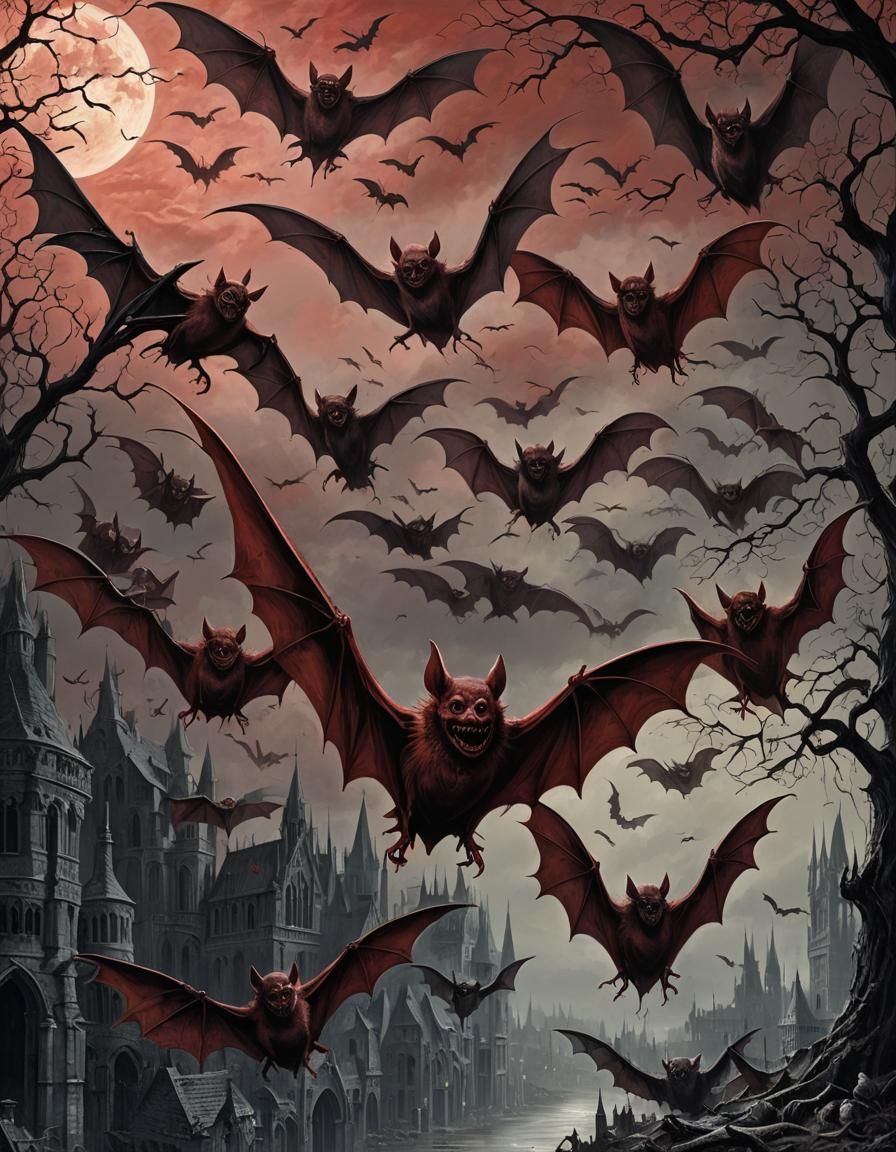Gothic Horror: Red Vampire Bats in Flight