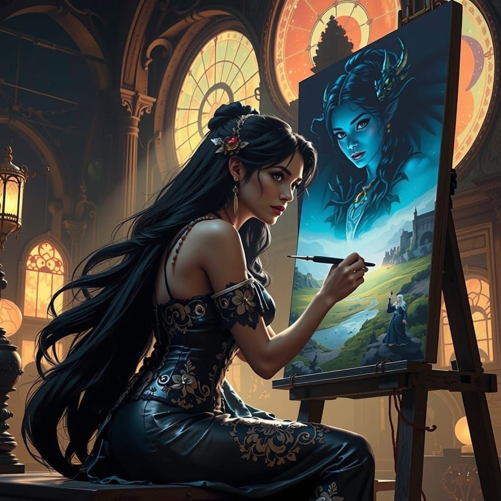 Gothic Woman Sketching Lamia in Dark Fantasy Style