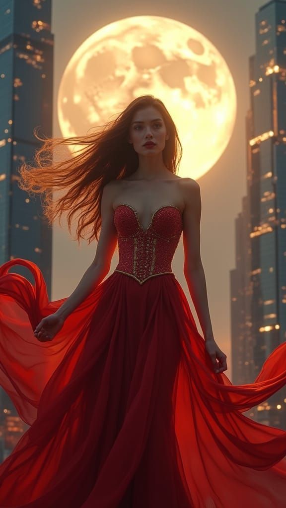 Ethereal Fantasy Beauty Basks in Moonlit Futuristic Cityscap...