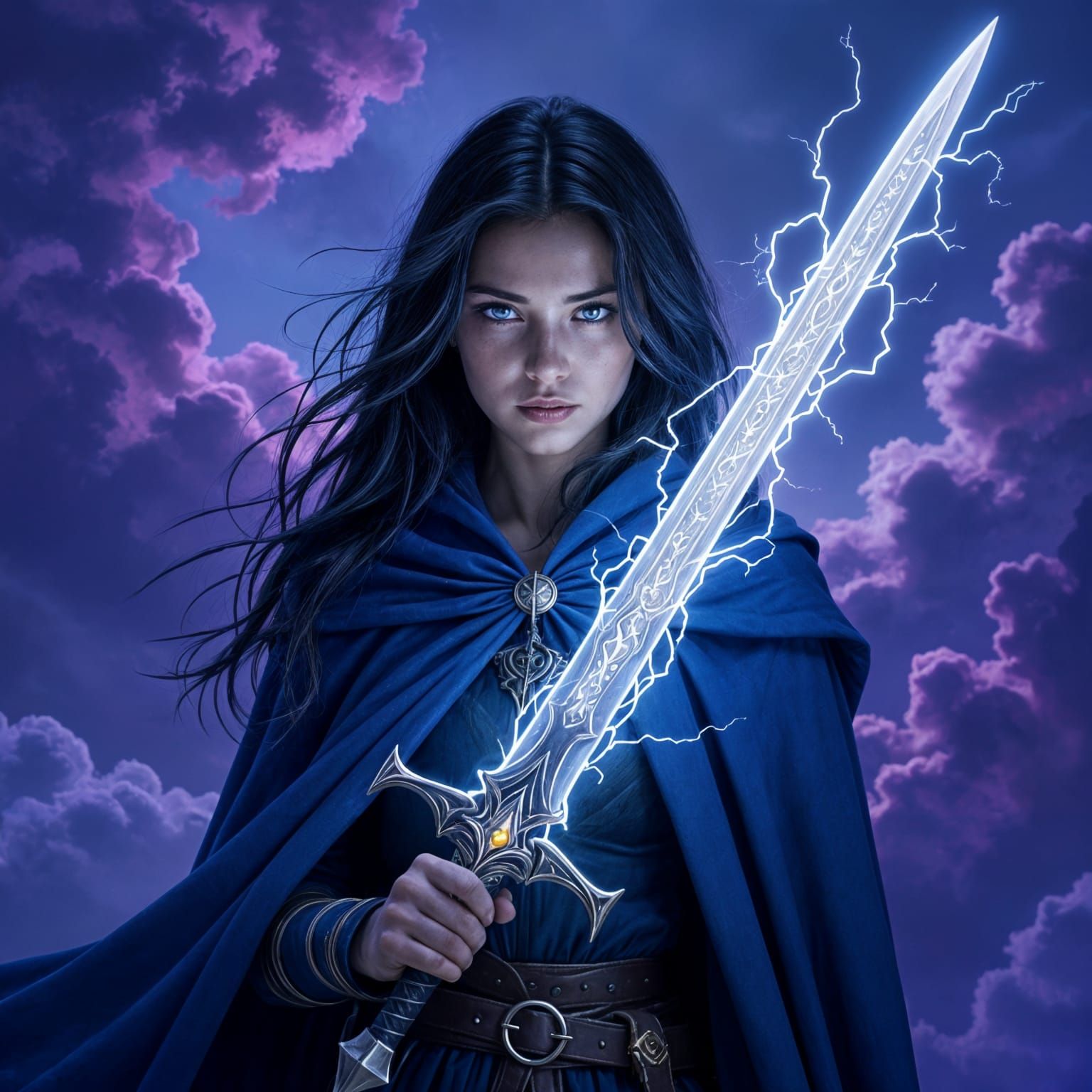 Dark Fantasy: Woman With Magical Sword Amidst Watercolor Clo...