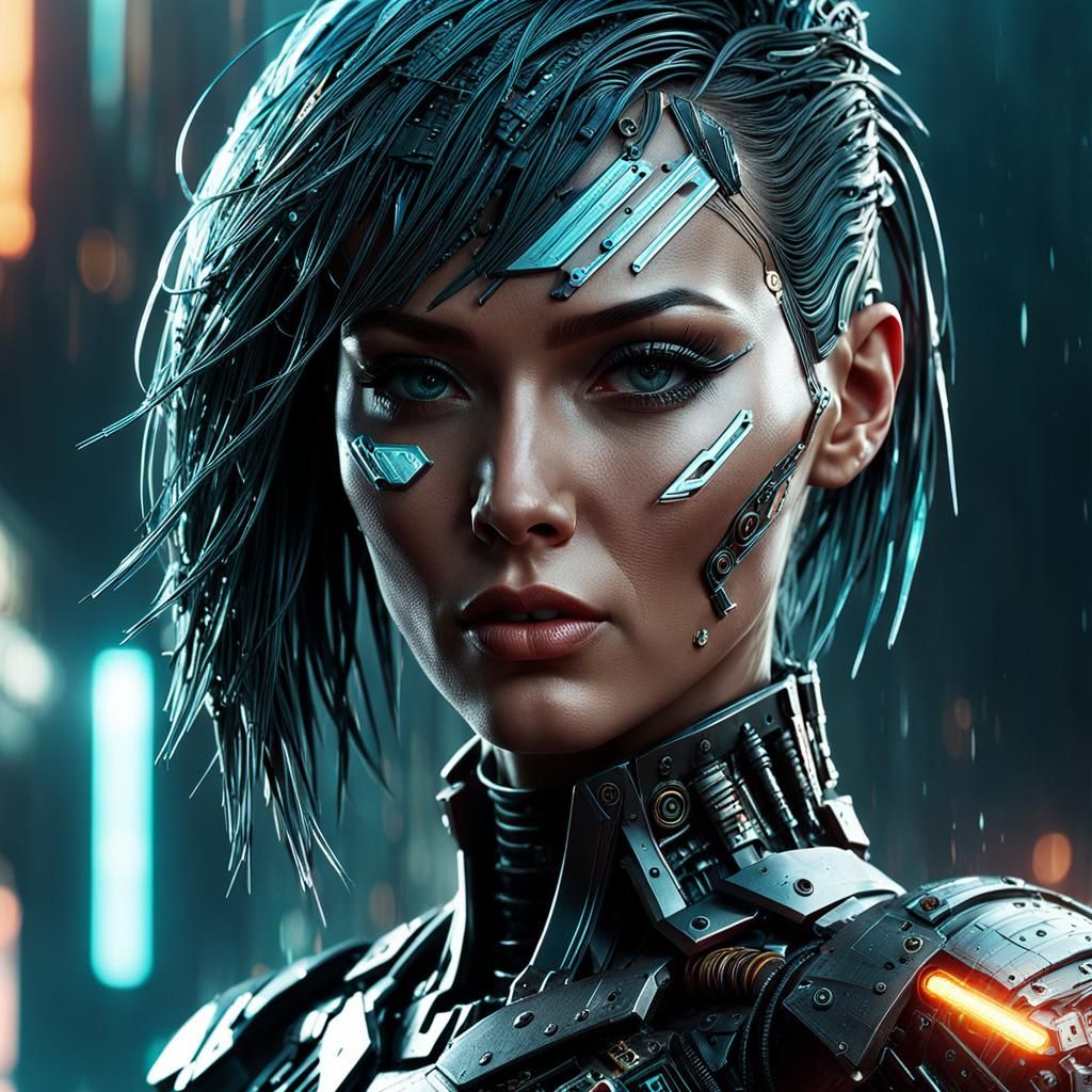 Hyperrealistic Cyberpunk Cyborg Girl in Neon Ambience