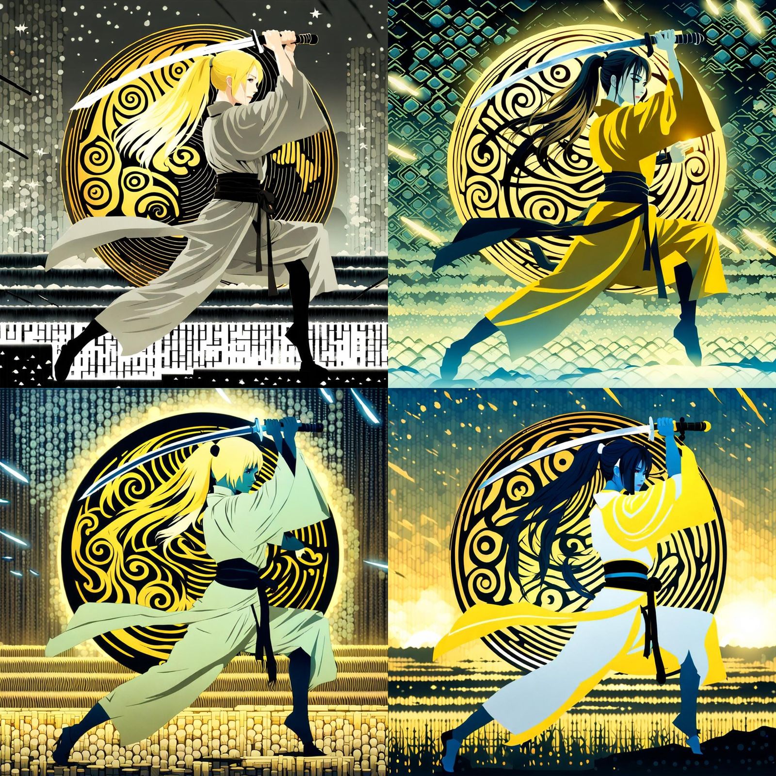 Sword-Wielding Woman Before Moon in Digital Painting Style