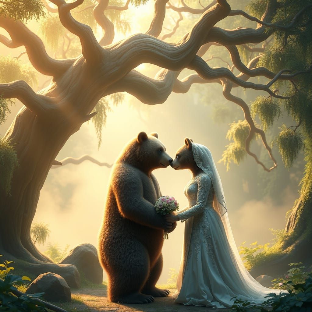Majestic Bear Union in Whimsical Forest Landscape