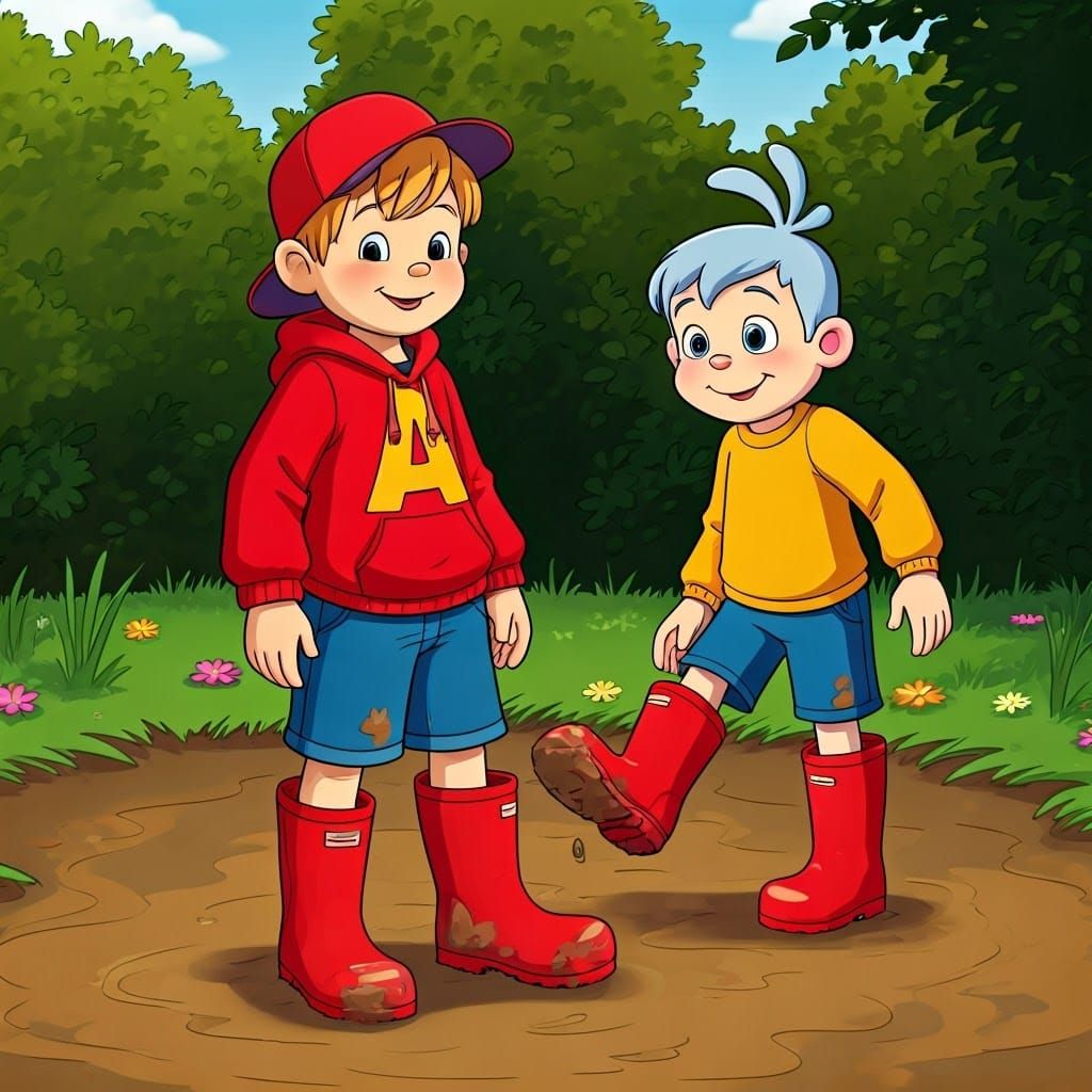 Boys Play in Mud Patch with Red Boots