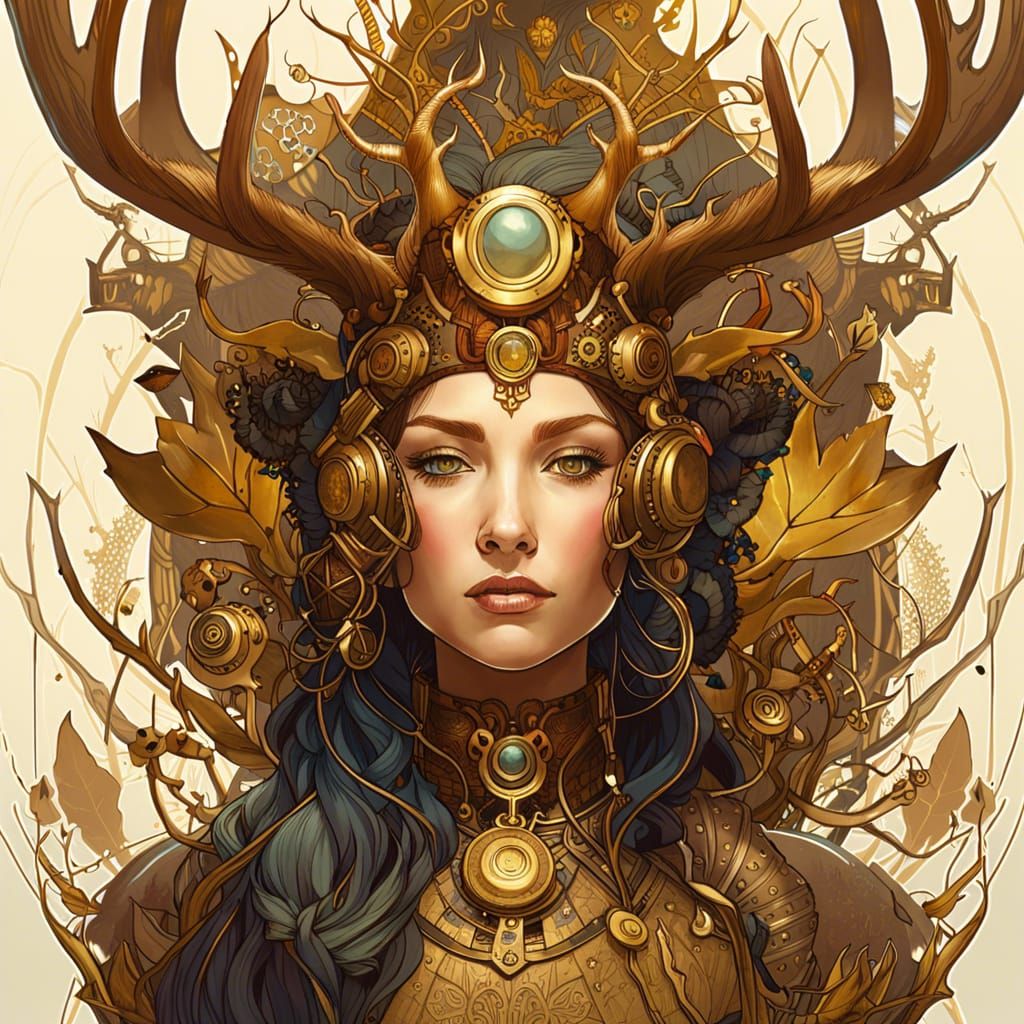 Steampunk Antler Queen: Detailed Digital Art