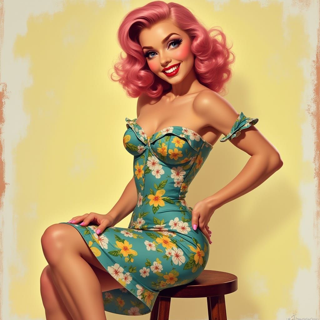 1940s Pin-Up Girl with Pink Hair and Floral Dress