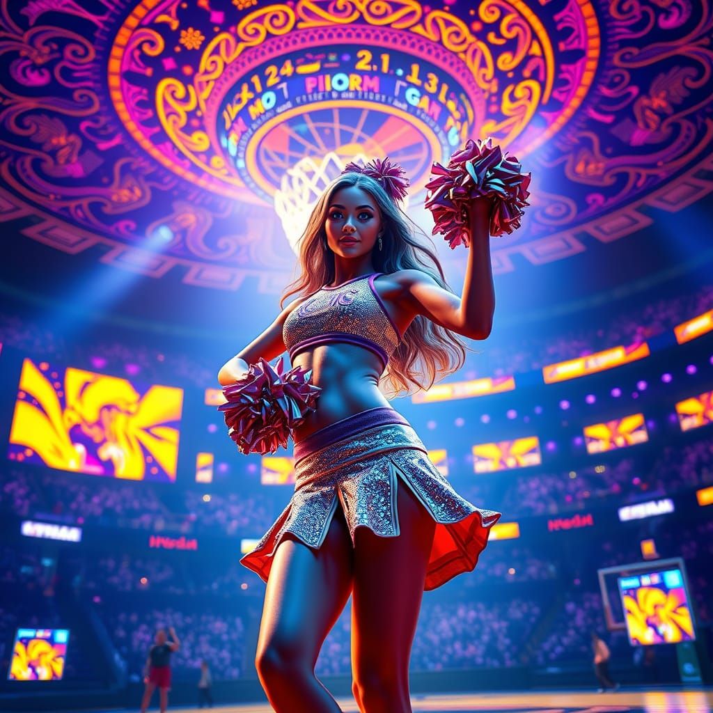 Lakers-Style Cheerleader Dances Amidst Neon Arena Spectacle