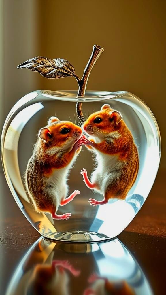 Hamsters Reach Across Glass Apple in 3D Double Exposure