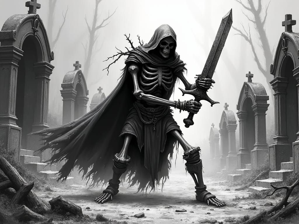 Decrepit Skeleton Warrior in Mork Borg Style