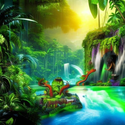 Psychedelic Rainforest Scene in Digital Art Style