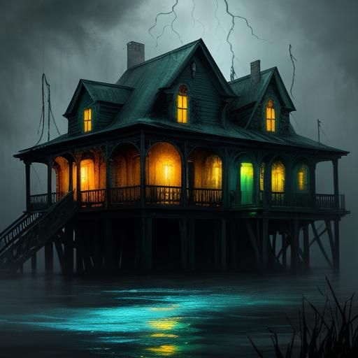 Hyperrealistic Haunted House in Stormy Bayou Concept Art