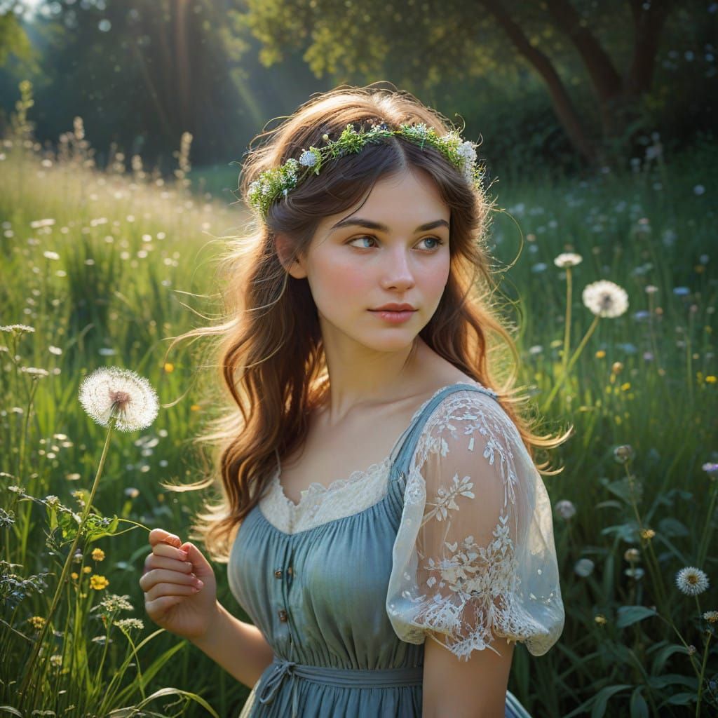 Serene Girl in a Dreamy Garden Scene, Impressionist Style