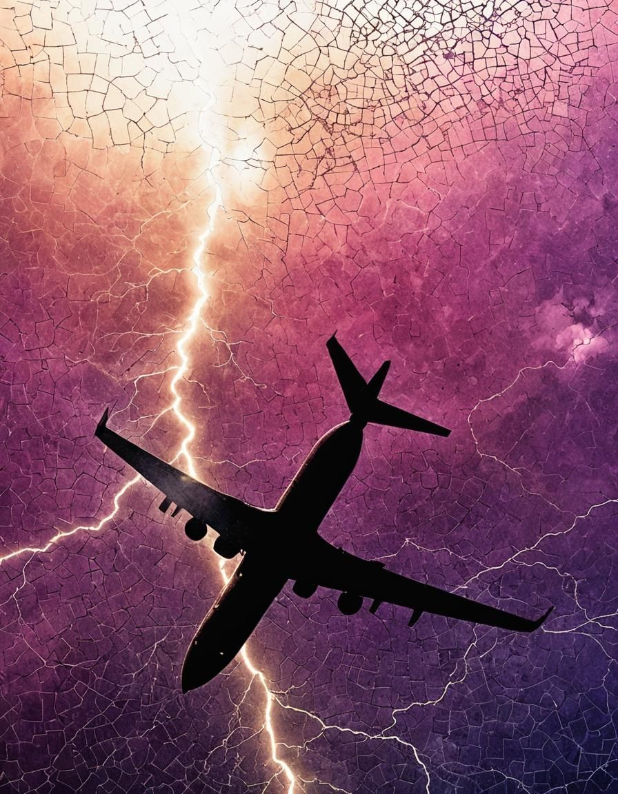 Plane Silhouette in Purple Stormy Sky, Klimt-Inspired Mosaic