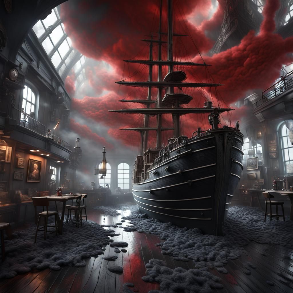 Surreal Coffee Shop with Whales and Exploding Suns