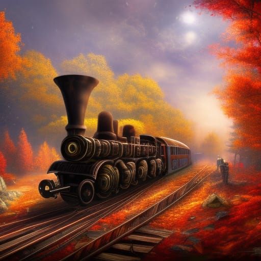 Steampunk Train Through Autumn Woods in Detailed Digital Art