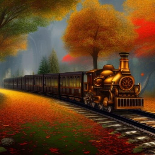 Steampunk Train in Colorful Autumn Woods