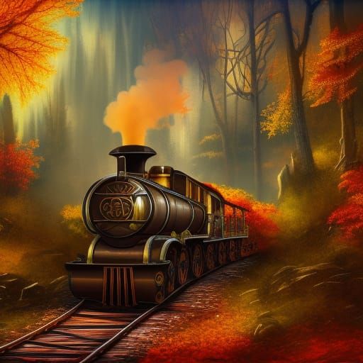 Steampunk Train Through Autumn Woods