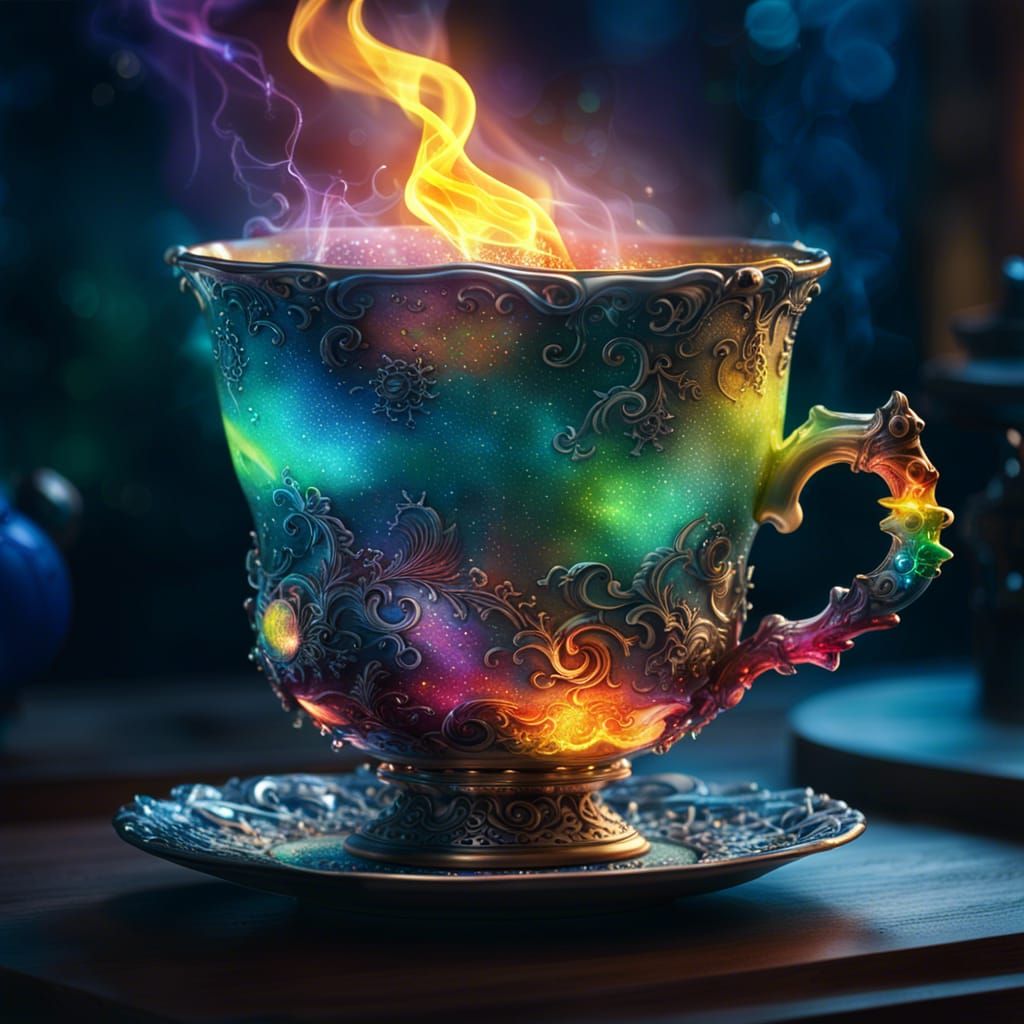 Surreal Magic Teacup Under Aurora Borealis