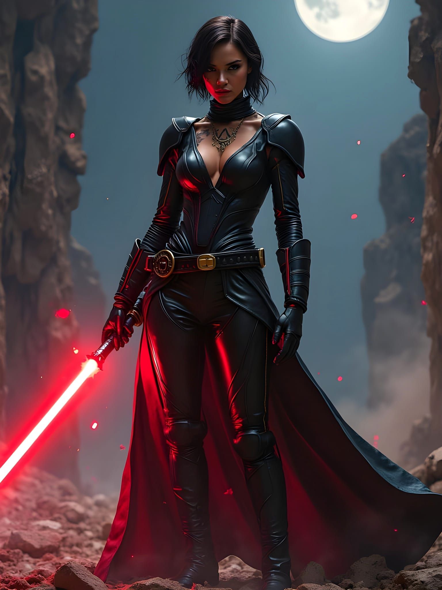 Seductive Sith Warrior in Ruined Sci-Fi Battlefield