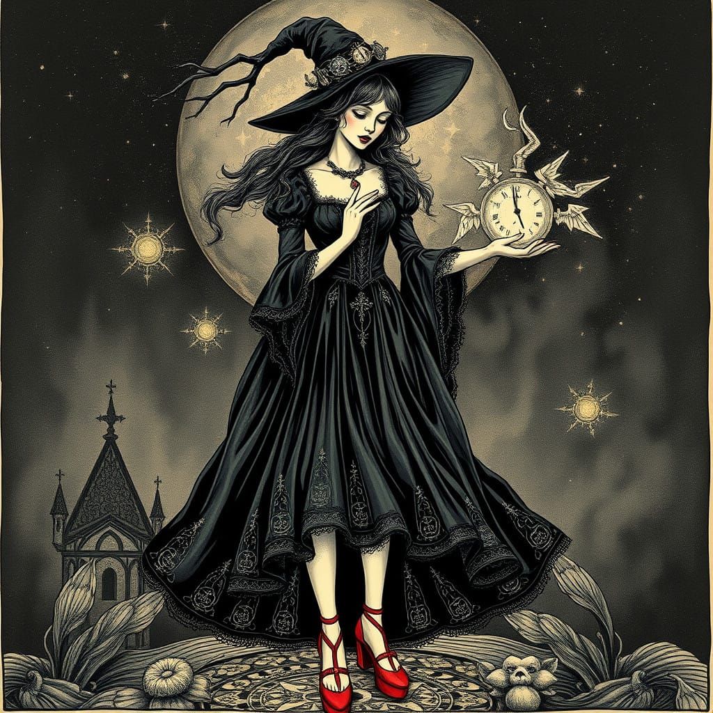 Ethereal Witch Performs Love Spell in European Ink Print Sty...