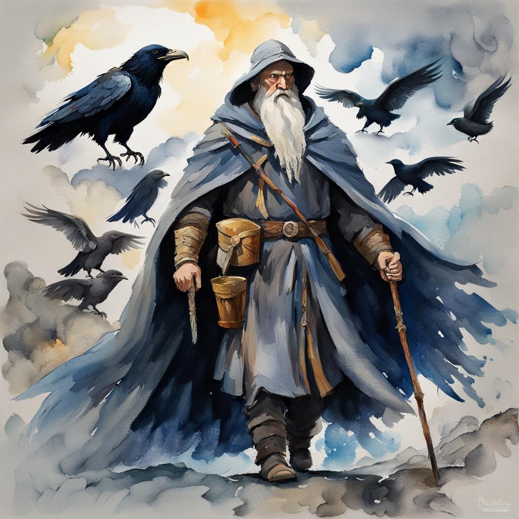 Odin the Wanderer: Gouache Impressionist Masterpiece